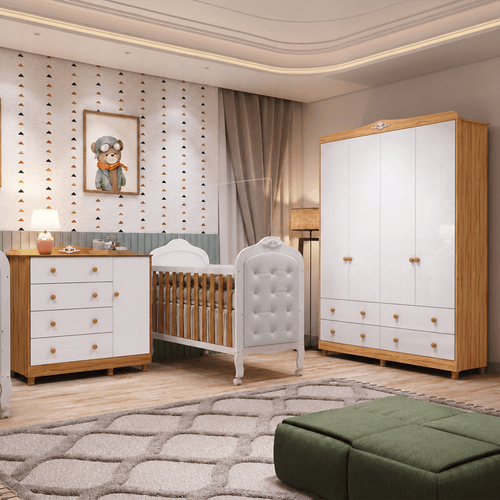 Quarto de Bebê com Guarda-roupa Cômoda e Berço com Capitonê 100% Mdf Maya Clássico Espresso Móveis Branco Brilho/Amêndoa