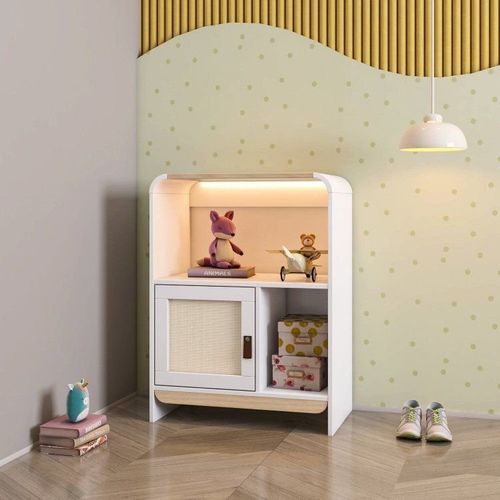 Estante Infantil Wave 1 Porta em Rattan, com LED e 2 Nichos Casatema Branco/Marrom Branco/Natural