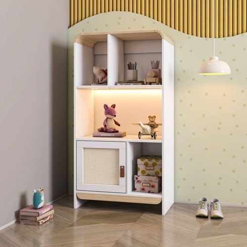 Estante Infantil Wave 1 Porta em Rattan, com LED e 4 Nichos Casatema Branco/Marrom Branco/Natural