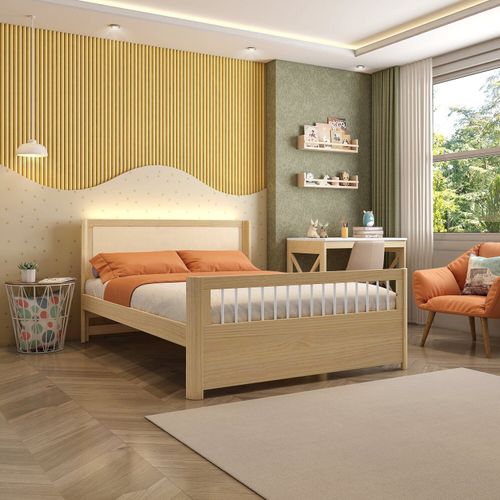 Cama Casal Wave Evolutiva em Rattan com Led Casatema Branco/Natural
