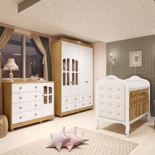 Quarto de Bebê Guarda-roupa e Cômoda com Janelas e Berço com Capitonê Maya Clássico Espresso Móveis Branco Brilho/Amêndoa