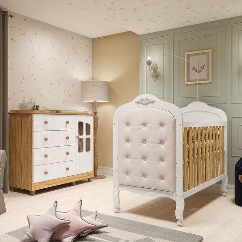Quarto de Bebê com Cômoda 1 Porta com Janela e Berço Capitonê 100% Mdf Maya Clássico Espresso Móveis Branco Brilho/Amêndoa/Branco