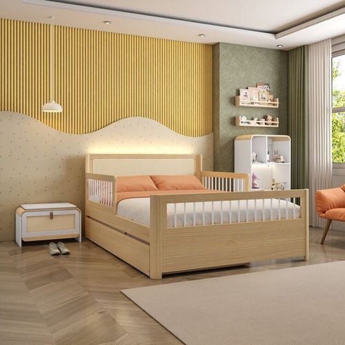 Bicama Casal Reversível com Estante em LED e Sapateira Infantil Wave Casatema Branco /natural