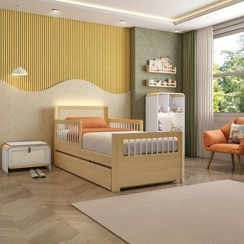 Bicama Solteiro Reversível com Estante em LED e Sapateira Infantil Wave Casatema Branco/Natural