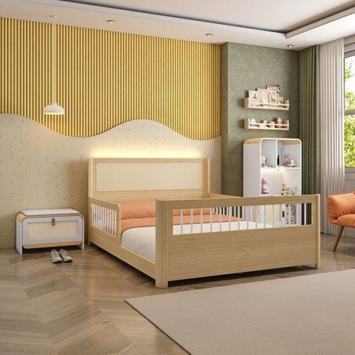 Quarto Montessoriano Cama Casal Evolutiva Estante 4 Nichos LED e Sapateira Wave Casatema Branco / Natural