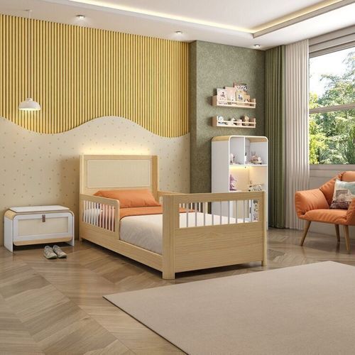 Quarto Montessoriano Cama Solteiro Evolutiva Estante 4 Nichos LED Sapateira Infantil Wave Casatema Branco/Natural