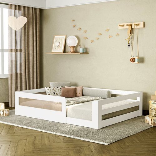 Cama Montessoriana Infantil Space Casal com Rattan e Grade de Segurança Casatema Branco
