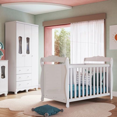 Quarto de Bebê com Berço 3 em 1, Guarda-roupa 3 Portas com Janelas 100% MDF Aurora Espresso Móveis Branco Brilho