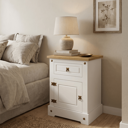 Mesa De Cabeceira Gaveta 1 Porta em MDF e Pinus Smile Yescasa Bege Bege