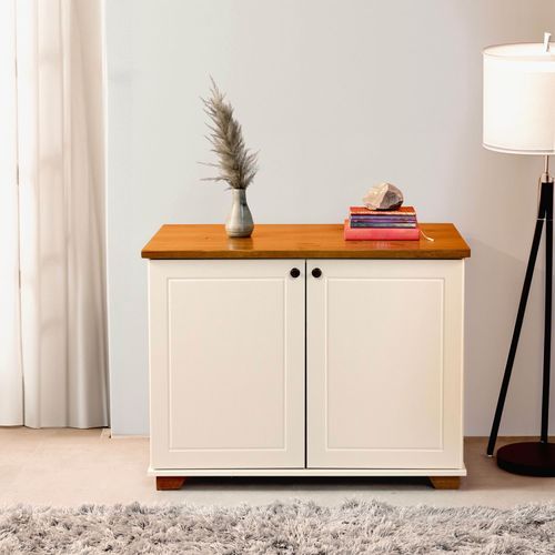 Armário Multiuso 2 Portas Tampo em Madeira Maciça 100cm Ananda CabeCasa MadeiraOriginals Off White/Mel