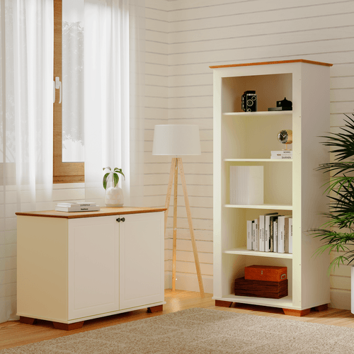 Conjunto 2 Peças Armário Multiuso Baixo 2 Portas e Estante para Livros Ananda CabeCasa MadeiraOriginals Off White Mel Off White/Mel