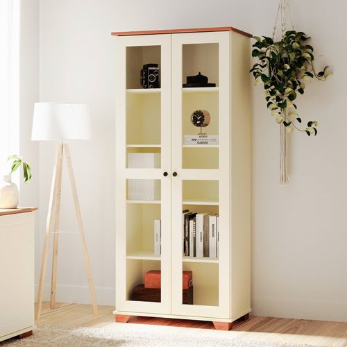 Estante Livreiro Pés e Tampo em Madeira Maciça Porta Vidro Ananda CabeCasa MadeiraOriginals Off-white/Mel