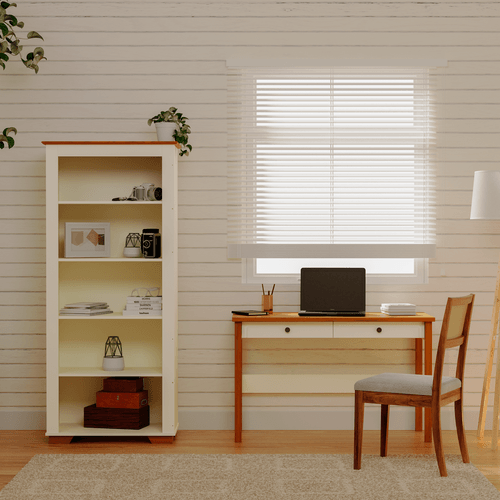 Conjunto Home Office 1 Mesa 120cm 2 Gavetas 1 Estante para Livros Ananda CabeCasa MadeiraOriginals Off White Mel Off White/Mel