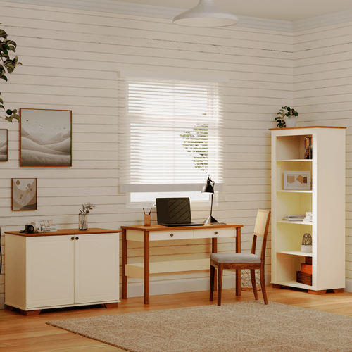 Conjunto Home Office 1 Mesa 120cm 2 Gavetas 1 Estante 1 Armário 2 Portas Ananda CabeCasa MadeiraOriginals Off White Mel Off White/Mel