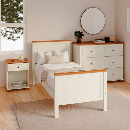 Conjunto Dormitório 1 Cama Solteiro 1 Mesa de Cabeceira 1 Cômoda Ananda CabeCasa MadeiraOriginals Imbuia/Offwhite