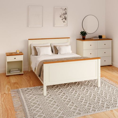 Conjunto Dormitório 1 Cama Casal 1 Mesa de Cabeceira 1 Cômoda Ananda CabeCasa MadeiraOriginals Imbuia/Offwhite