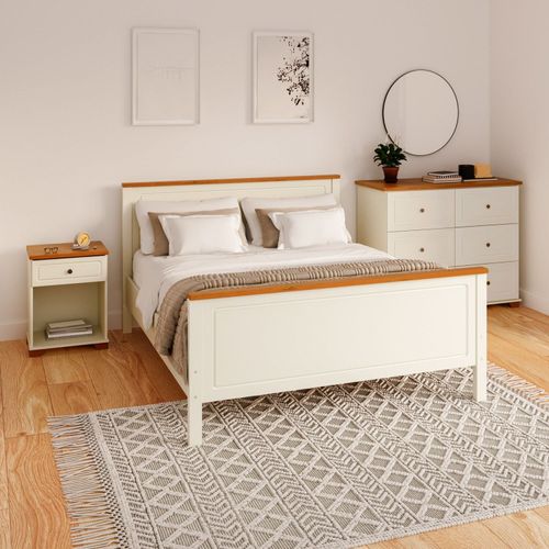 Conjunto Dormitório 1 Cama Queen 1 Mesa de Cabeceira 1 Cômoda Ananda CabeCasa MadeiraOriginals Imbuia/Offwhite