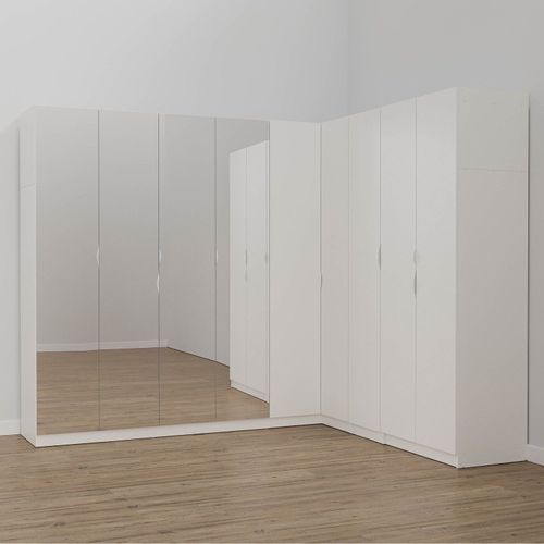 Guarda Roupa Modulado de Canto com Espelho 9 Portas 4 Peças Hera CabeCasa MadeiraOriginals Algodão/Cromado
