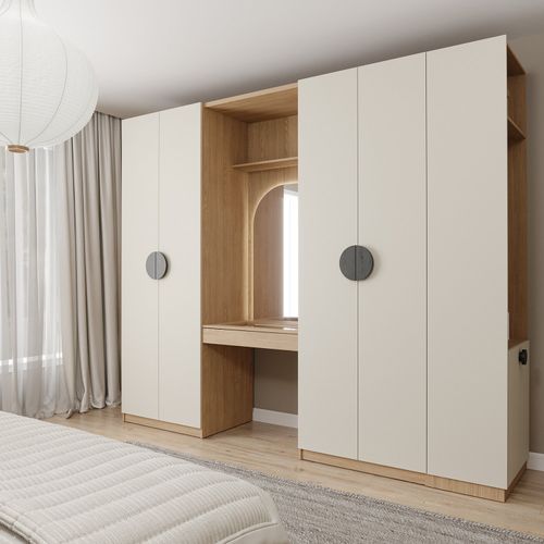 Conjunto Modulado 4 Peças Cabideiro, Penteadeira com Espelho, Gavetas Joy CabeCasa MadeiraOriginals Cinza Sereno/Avena