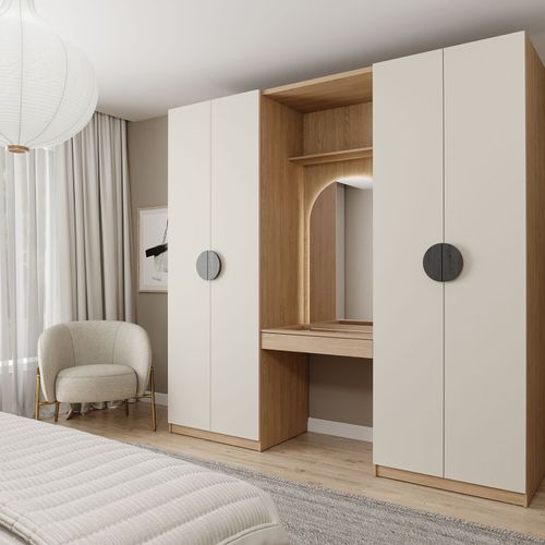 Guarda-Roupa Modulado Joy 3 Peças 2 Gavetas, Penteadeira Espelho Cabideiro CabeCasa MadeiraOriginals Cinza Sereno/Avena