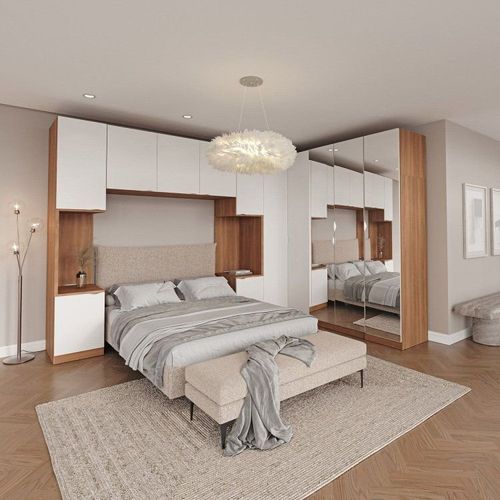 Guarda Roupa Modulado de Casal 12 Portas 6 Peças Espelho 2 Cabeceiras Hera CabeCasa MadeiraOriginals Louro/Branco Geada