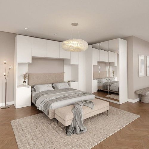 Guarda Roupa Modulado de Casal 12 Portas 6 Peças Espelho 2 Cabeceiras Hera CabeCasa MadeiraOriginals Branco Geada