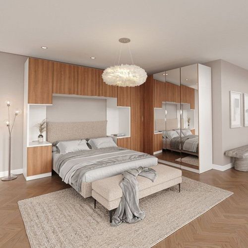 Guarda Roupa Modulado de Casal 12 Portas 6 Peças Espelho 2 Cabeceiras Hera CabeCasa MadeiraOriginals Branco Geada/Louro