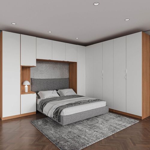 Guarda Roupa Modulado de Canto 12 Portas 6 Peças 1 Mesa de Cabeceira Hera CabeCasa MadeiraOriginals Louro/Branco Geada