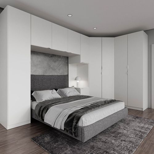 Guarda Roupa Modulado de Canto 10 Portas e 2 Mesas de Cabeceira Hera CabeCasa MadeiraOriginals Branco Geada