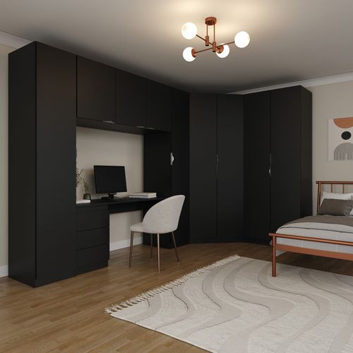 Guarda Roupa Modulado de Canto 9 Portas 5 Peças com Escrivaninha Hera CabeCasa MadeiraOriginals Preto/Cromado