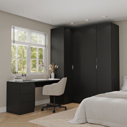 Guarda Roupa Modulado 4 Portas 3 Peças com Escrivaninha Hera CabeCasa MadeiraOriginals Preto/Cromado