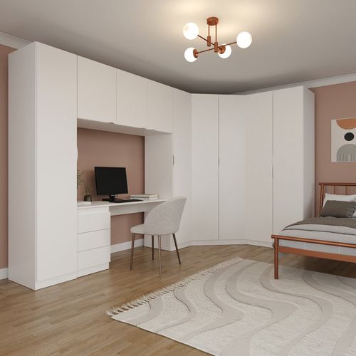 Guarda Roupa Modulado de Canto 9 Portas 5 Peças com Escrivaninha Hera CabeCasa MadeiraOriginals Branco Geada/Cromado