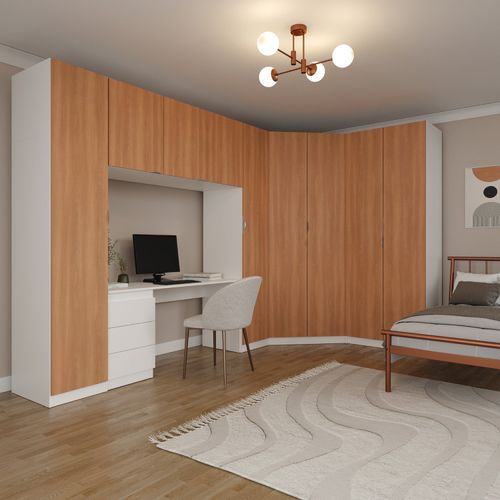 Guarda Roupa Modulado de Canto 9 Portas 5 Peças com Escrivaninha Hera CabeCasa MadeiraOriginals Branco Geada/Louro/Cromado
