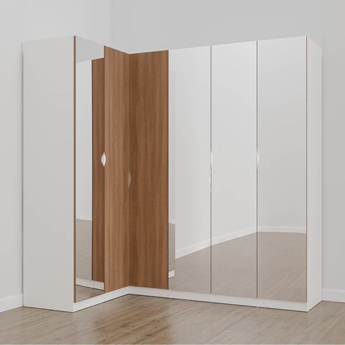 Guarda Roupa Modulado de Canto com Espelho 6 Portas 3 Peças Hera CabeCasa MadeiraOriginals Algodão/Louro/Cromado