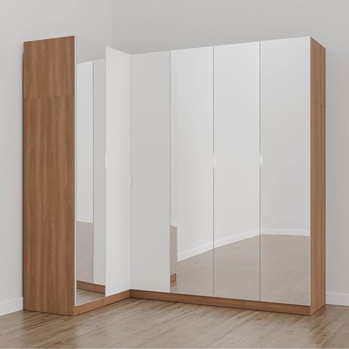 Guarda Roupa Modulado de Canto com Espelho 6 Portas 3 Peças Hera CabeCasa MadeiraOriginals Louro/Algodão/Cromado