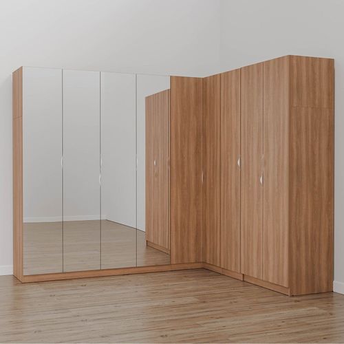 Guarda Roupa Modulado de Canto com Espelho 9 Portas 4 Peças Hera CabeCasa MadeiraOriginals Louro/Cromado