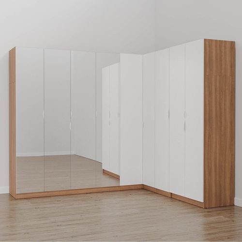 Guarda Roupa Modulado de Canto com Espelho 9 Portas 4 Peças Hera CabeCasa MadeiraOriginals Louro/Algodão/Cromado