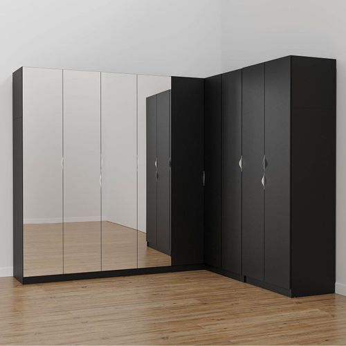 Guarda Roupa Modulado de Canto com Espelho 9 Portas 4 Peças Hera CabeCasa MadeiraOriginals Preto/Cromado