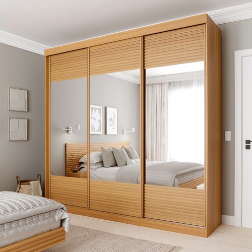 Guarda-roupa Casal 3 Portas de Correr Ripadas com Espelho Samambaia CabeCasa MadeiraOriginals Carvalho
