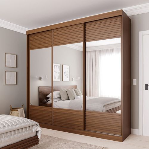 Guarda-Roupa Casal 3 Portas de Correr Ripadas com Espelho Samambaia CabeCasa MadeiraOriginals Freij Freijó