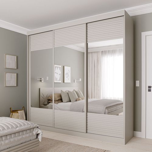 Guarda-roupa Casal 3 Portas de Correr Ripadas com Espelho Samambaia CabeCasa MadeiraOriginals Off White