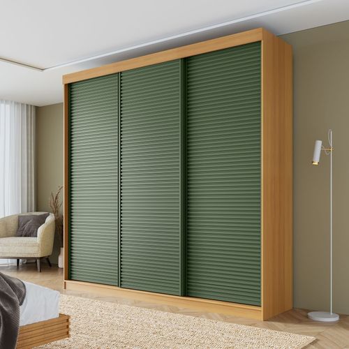 Guarda-roupa Casal 3 Portas de Correr Ripadas Samambaia CabeCasa MadeiraOriginals Carvalho/Verde