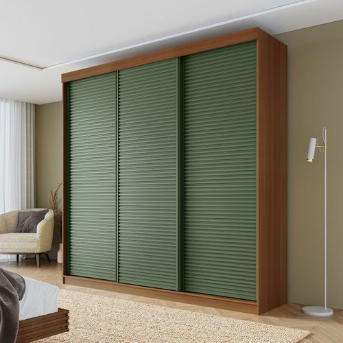 Guarda-roupa Casal 3 Portas de Correr Ripadas Samambaia CabeCasa MadeiraOriginals Freijó/Verde
