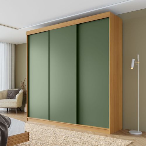 Guarda-roupa Casal 3 Portas de Correr Lisas Samambaia CabeCasa MadeiraOriginals Carvalho/Verde