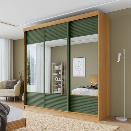 Guarda-roupa Casal 3 Portas de Correr Ripadas com Espelho Samambaia CabeCasa MadeiraOriginals Carvalho/Verde