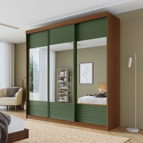 Guarda-roupa Casal 3 Portas de Correr Ripadas com Espelho Samambaia CabeCasa MadeiraOriginals Freijó/Verde