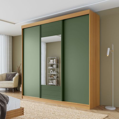 Guarda-roupa Casal 3 Portas de Correr 1 Porta com Espelho Samambaia CabeCasa MadeiraOriginals Carvalho/Verde