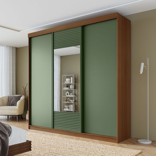 Guarda-roupa Casal 3 Portas de Correr 1 Porta com Espelho Samambaia CabeCasa MadeiraOriginals Freijó/Verde