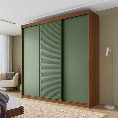 Guarda-Roupa Casal 3 Portas de Correr Samambaia CabeCasa MadeiraOriginals Marrom/Freijó/Verde Freijó/Verde