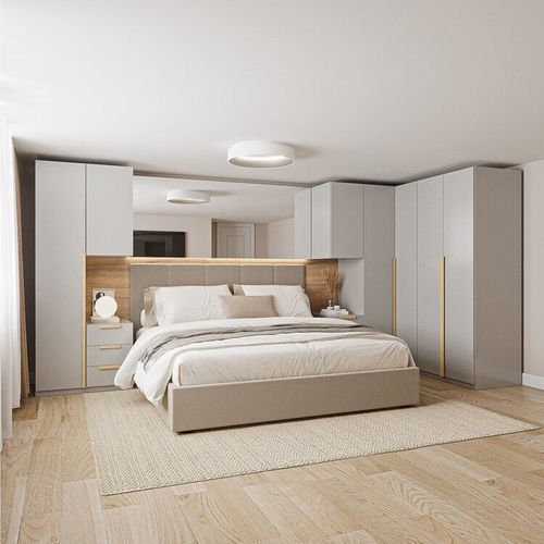 Guarda-roupa Modulado 7 Peças 7 Portas 2 Mesa Cabeceira Jade CabeCasa MadeiraOriginals Cinza Urbano